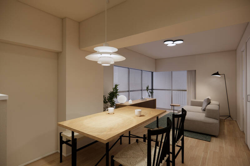 LDKの広さは約15.1帖。コーナーサッシで窓面が大きく、奥行きのある印象です。