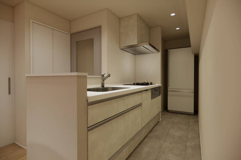 キッチンは3口コンロタイプで食洗機付き。お料理をしながら、リビングダイニングにいるパートナーとコミュニケーションを取りやすいポジションです。