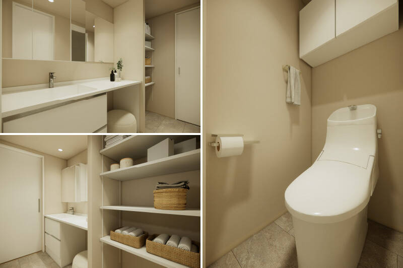 <b>左・</b>ゆとりあるカウンターが印象的な洗面台。ホテルライクな質感で、一日の始まりと終わりを優雅に整えてくれます。横には幅広の可動棚付き。/<b>右・</b>トイレには洗面室からアクセスする間取りです。