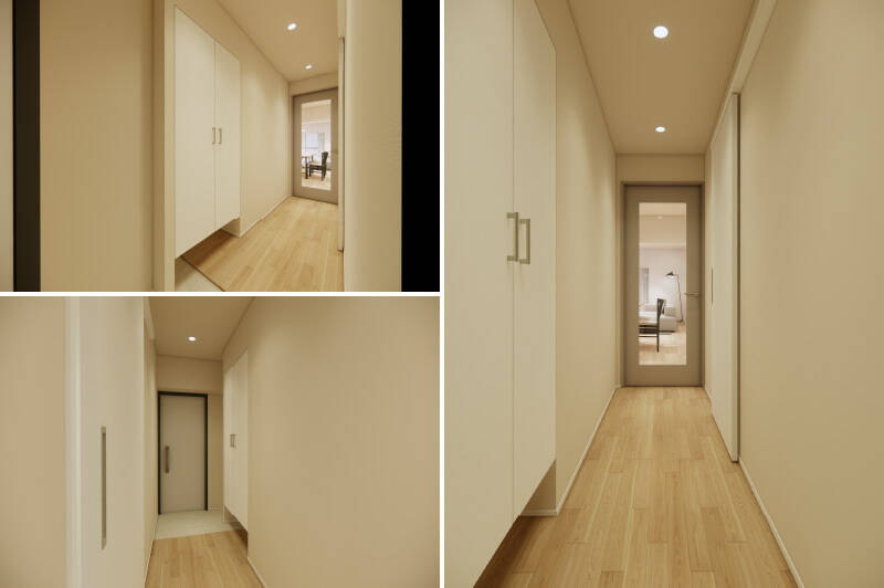 土間〜廊下は段差を低めに抑え、視覚的に広く見えるフラットな造り。トールタイプの大きなシューズボックスを設置します。