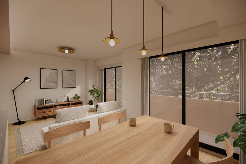 まずはLDKから、CGイメージでご紹介します。約16.1帖で、リビングとダイニングのスペースをそれぞれ余裕を持って設けられる広さです。