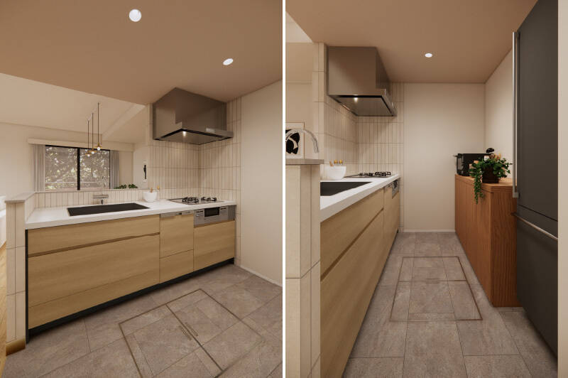 キッチンは、こちらの空間の主役となるオリジナルデザイン。カウンター部分には縦貼りのタイルを施し、どこかショップライクな佇まいに仕立てます。