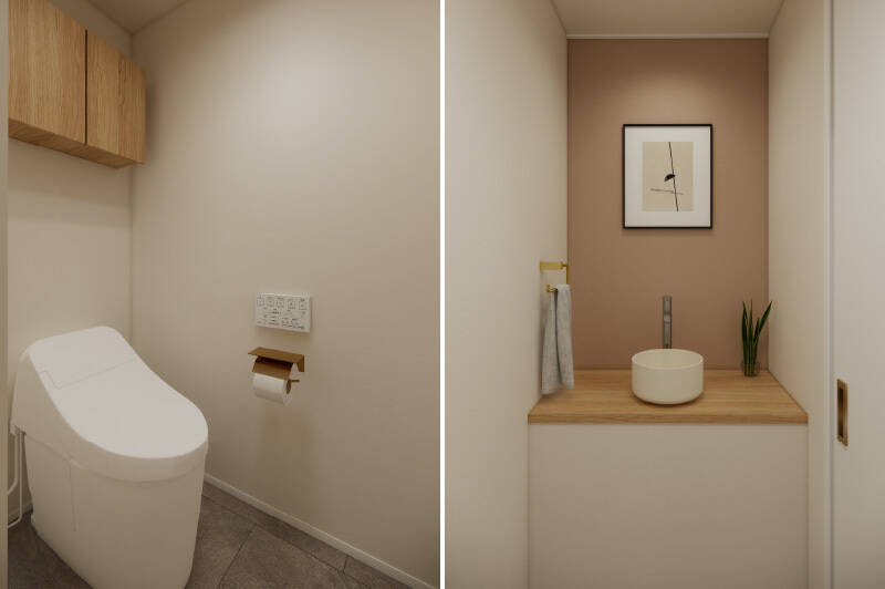 トイレは廊下からアクセスする間取り。シンプルなタンクレスタイプで、対面に独立手洗いカウンターを配置します。