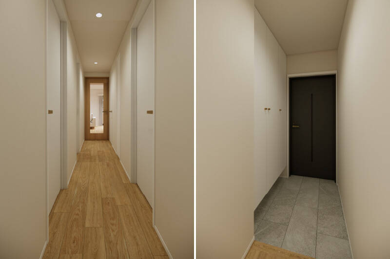 玄関にはトールタイプのシューズボックスを配置。廊下はナチュラルなデザインで、突き当たりにあるLDKのガラス入り戸から光が入ります。