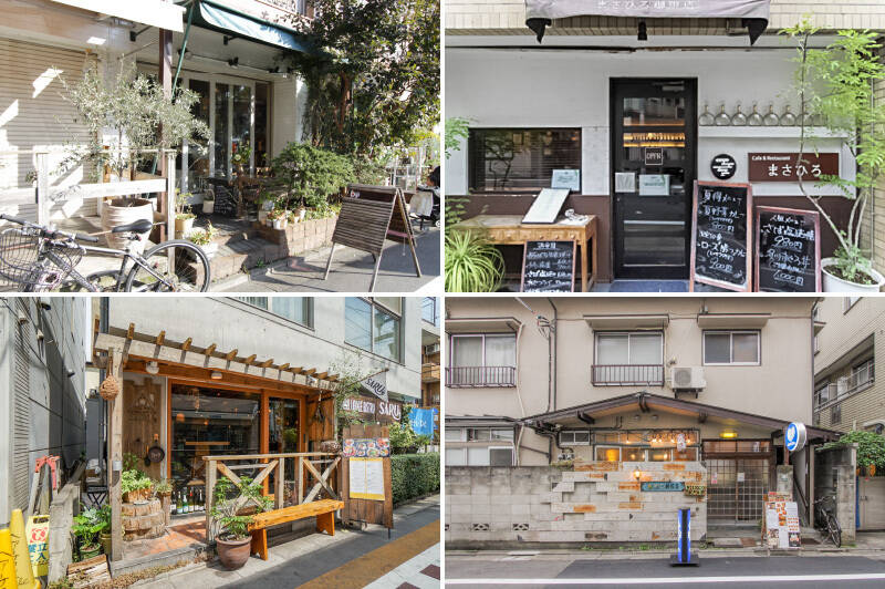 <b>左上・</b>アジアンレストラン「biji(ビジ)鷹番」。何を食べてもおいしいと評判で、デリのテイクアウトも可能です。(徒歩4分)/<b>右上・</b>コーヒーやスイーツはもちろん、食事メニューも充実した「まさひろ珈琲店」。(徒歩6分)/<b>左下・</b>「Lodge Bistro SARU(ロッジ ビストロ サル)学芸大学」は、『山の “いのち” をいただこう。』をコンセプトに国産食材にこだわるレストラン。(徒歩6分)/<b>右下・</b>チーズケーキが有名なカフェ「A WORKS(エーワークス)」。こういう雰囲気の隠れ家的なショップやカフェを所々で見つけられるのが、このエリアの魅力です。(徒歩9分)