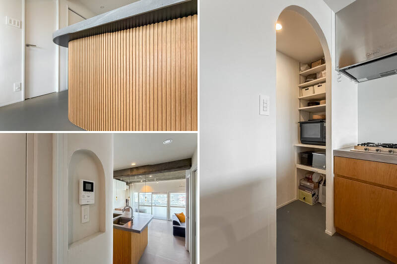 <b>左上・</b>リブパネルにクローズアップ。天板はモルタル風の人工大理石を採用したことで、継ぎ目のないR形状を実現できたのだとか。／<b>左下・</b>LDKの入口にはスイッチニッチが設けられています。アーチ型のデザインが可愛らしい♡ ／<b>右・</b>パントリーの入口もアーチ型。LDKには随所に曲線加工が施されており、統一性を感じますね♪