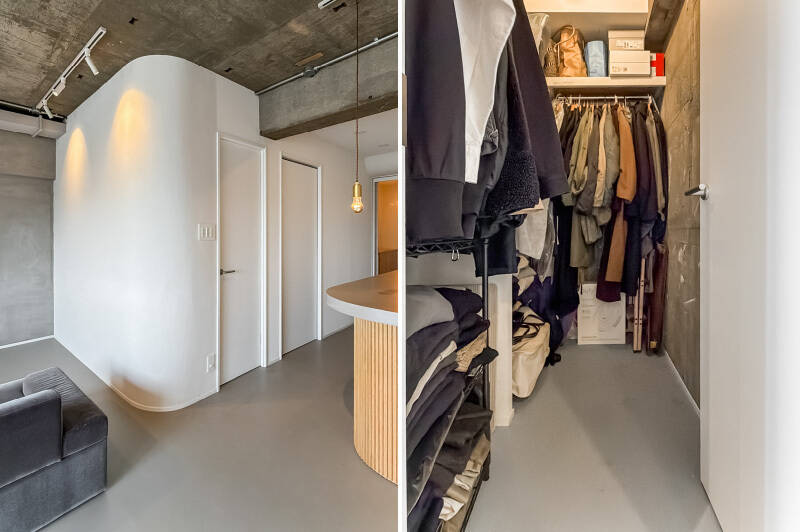 キッチンの横に位置する扉のうち、リビングダイニング側はウォークインクローゼットにつながっています。内部にはL字型に枕棚とハンガーパイプが完備。