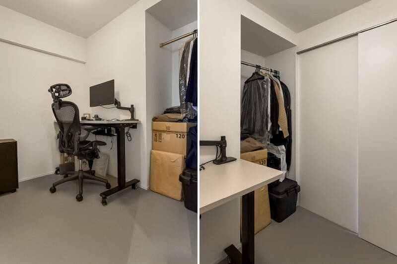 もうひとつの扉の奥は約2.8帖のサービスルーム。ハンガーパイプ付きの収納スペースが備わっており、寝室としても使用できそうです。