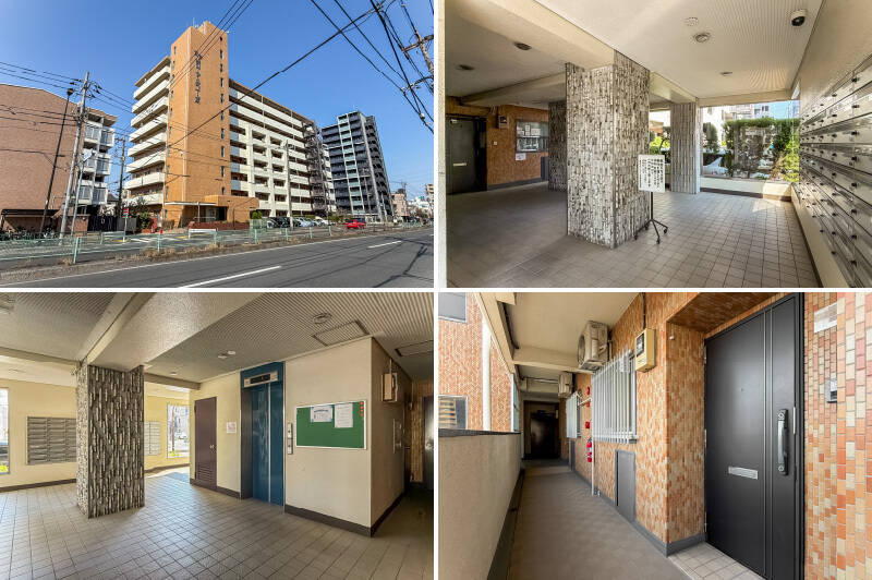 <b>左上・</b>総戸数78戸のこちらのマンションは、共益費が控えめながらも2億円を超える修繕積立金（2025年8月時点）が貯まっているうえ、定期的にメンテナンスが実施されています。／<b>右上・</b>エントランスホールにはメールボックスが。左奥には管理人室が設けられています。管理人さんの勤務時間は、平日の7:30〜14:30です。／<b>左下・</b>エレベーターの隣には掲示板が設置されているので、マンション内のお知らせを随時確認できます。／<b>右下・</b>今回ご紹介した住戸の玄関前。