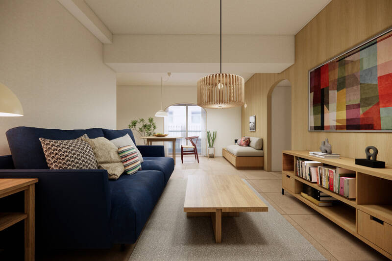 広さは約19.6帖。ニュートラルカラーを基調とした、明るくやさしい空間に仕上げます。アールの開口が可愛らしい印象に。