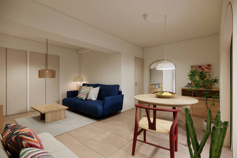 リビングには収納をふたつ確保します。建具も室内の雰囲気に合ったベージュトーンで、統一感がありますね。