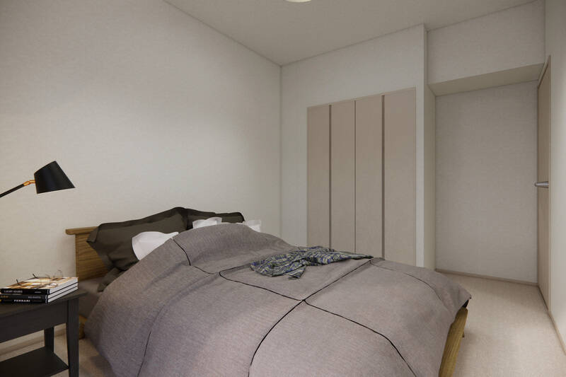 CGイメージではダブルサイズのベッドを配置。折れ戸2枚分の収納を設けます。