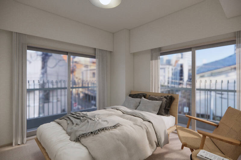 CGイメージではセミダブルサイズのベッドを配置。南東・北東の二面採光で、気持ちのいい朝が迎えられそう。