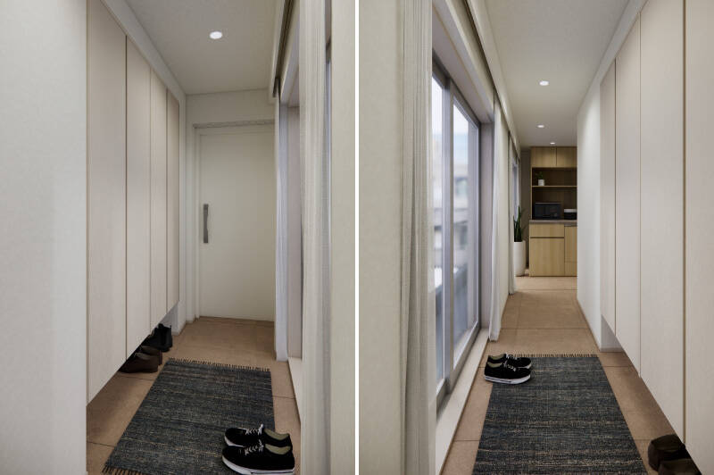 <b>左・</b>玄関にはトールサイズの靴収納を設置します。/<b>右・</b>北西向きの窓から光が差し込み明るい玄関まわり。上り框がなく、LDKまで大判タイルがフラットにつづきます。正面に見えているのは、後ほどご紹介するキッチンです。