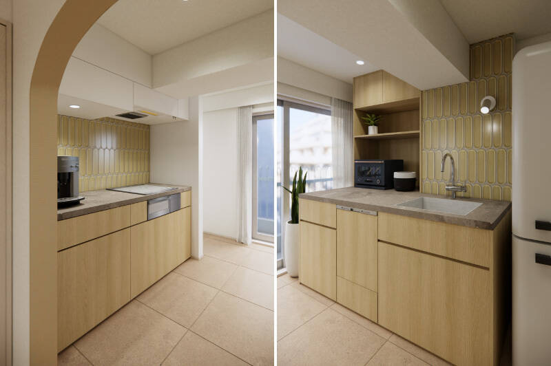 タイルをあしらったセパレートタイプのキッチン。作業スペースも収納もたっぷり。窓から差し込む光に、淡いイエローのタイルが映えて、気分を上げてくれそう。