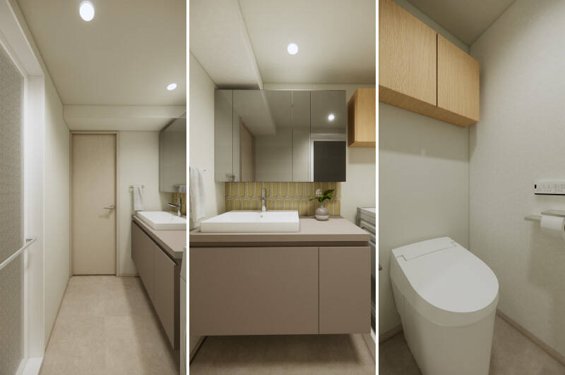 室内のトーンに馴染む洗面室。トイレは洗面室からアクセスします。CGイメージはありませんが、ユニットは1115サイズを採用予定。