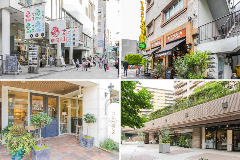 <b>左上・</b>複合文化施設「スパイラル」。アートギャラリーやカフェのほか、生活雑貨のセレクトショップも入っています。(徒歩9分)/<b>右上・</b>「IL PACIOCCONE(イル・パッツィオコーネ)」はアットホームな雰囲気が売りの老舗イタリアン。(徒歩2分)/<b>左下・</b>ヨーロッパから直接買い付けたテーブルウェアなどのインテリア雑貨を扱う「SARAH GRACE(サラグレース) 青山本店」。(徒歩1分)/<b>右下・</b>広尾ガーデンヒルズの中には商業施設も。カフェや美容施設、世界各国のあらゆる食材が揃う「ナショナル麻布 広尾ガーデンヒルズ」などがありますよ。(徒歩14分)