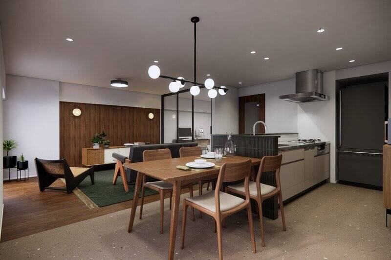 ダイニングキッチン（DK）は全面フロアタイル仕様。水や汚れに強く、お手入れもしやすい仕上がりです。リビングダイニング（LD）には、壁面に設置するブラケットライト2灯が付属します。