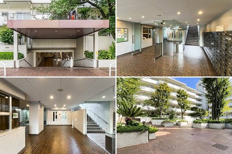 <b>左上・</b>エントランスから少し階段を下りたところに共用ロビーがあります。スロープが付いているのでご安心ください。／<b>右上・</b>左手に管理人室、右手にはメールボックスが。／<b>左下・</b>エントランスホールの床は、クラシカルな雰囲気のあるヘリンボーン貼り。エレベーターは2基ありますよ。／<b>右下・</b>手入れの行き届いた植栽が彩る、開放的な中庭。いくつかベンチが用意されていて、とってもいい雰囲気！