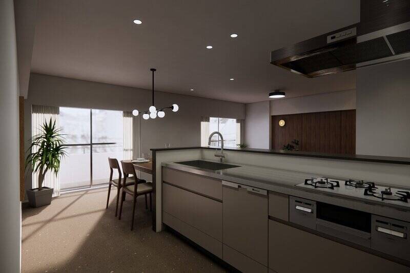 食洗機や浄水器一体型水栓を備えたキッチン。カウンターはスレンレスでスタイリッシュな印象です。腰壁を立ち上げることで手元をさりげなく隠しつつ、スツールを合わせればカウンターとしても活用できます。