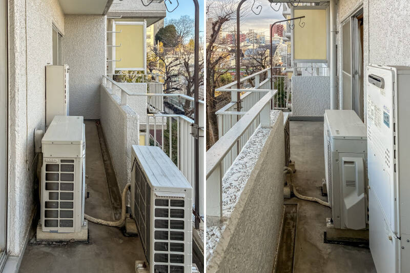 バルコニーはクランクした形。洗濯物は備え付けのポールを使って干すことができます。