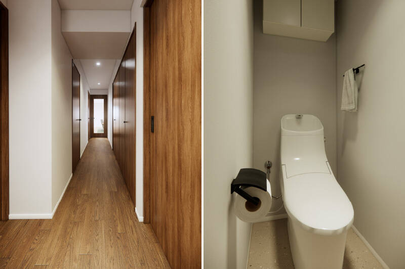 <b>左・</b>玄関からLDK側を望んだ様子。左手に水まわりを集約し、右手には折れ戸2枚分の収納を完備します。／<b>右・</b>トイレは廊下からアクセスする間取り。