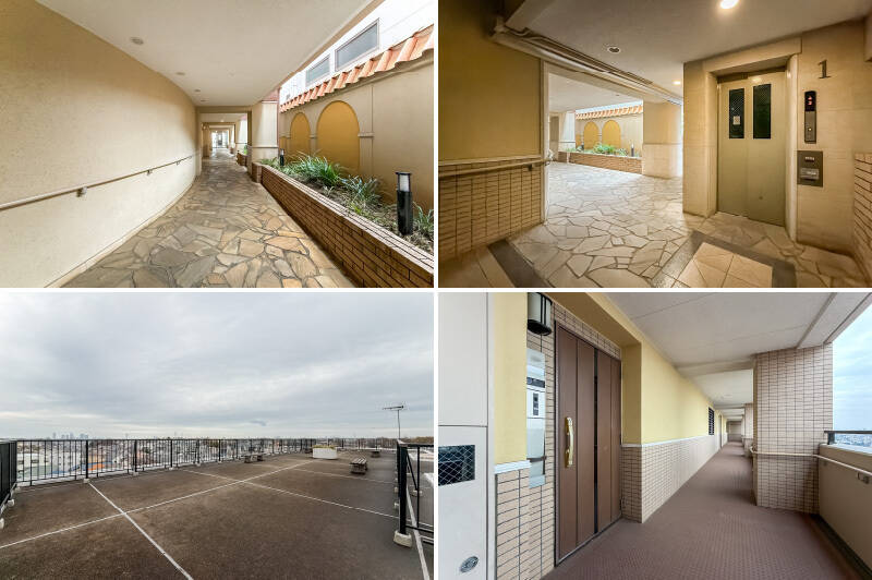 <b>左上・</b>オートロックを抜けると、異国のような雰囲気が漂う共用廊下につながります。／<b>右上・</b>エレベーターに乗ってまず向かうのは……／<b>左下・</b>スカイテラス！ 開放感があって気持ちいい〜！ 撮影当日はあいにくの曇天でしたが、快晴の日はもっと爽快感がありそうですね。／<b>右下・</b>最上階、5階の住戸前に到着。それではルームツアースタート！