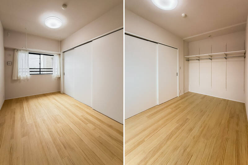 <b>左・</b>LDKに隣接する洋室Aは約5.1帖。／<b>右・</b>可動式の棚とハンガーパイプは、収納物に合わせてフレキシブルに高さを変えられるところがGOODです。