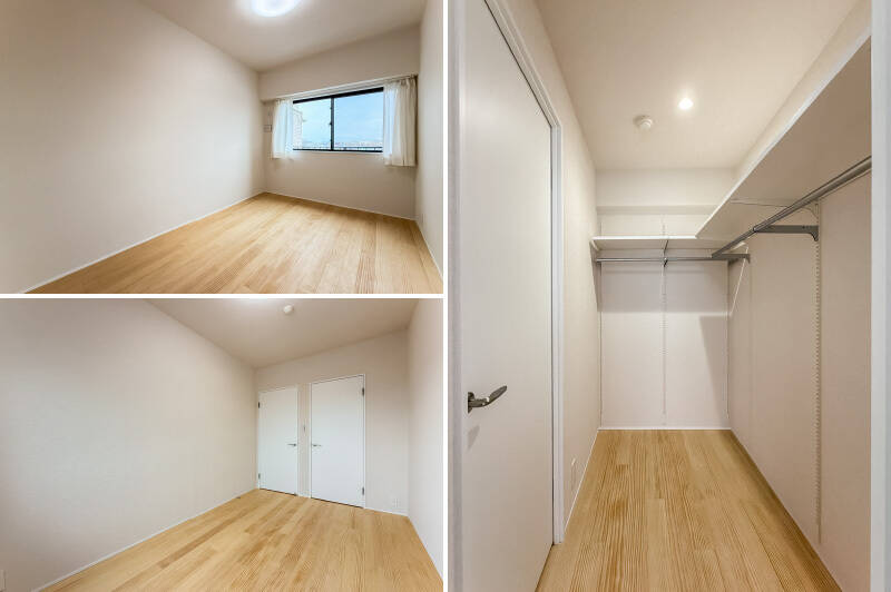 <b>左・</b>唯一廊下からアクセスする、独立性の高い約5.9帖の洋室C。こちらを夫婦のベッドルームとするのがいいかもしれませんね。／<b>右・</b>廊下と洋室Cのどちらからもアクセスできるウォークスルークローゼット（WTC）。L字型に可動式の棚とハンガーパイプが備わっています。