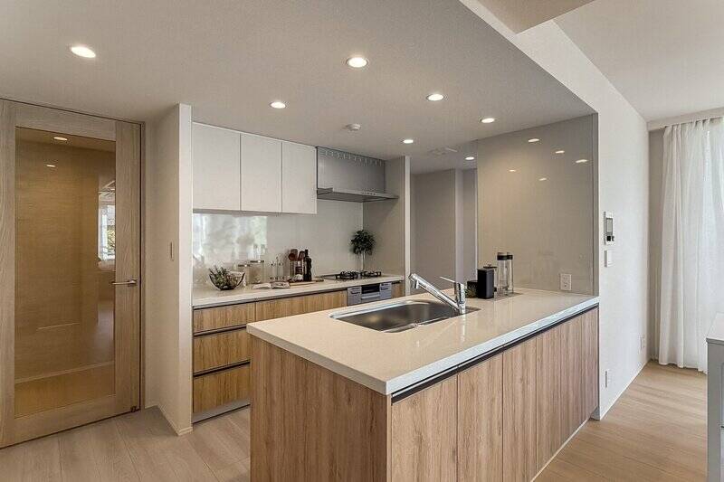 シンクとコンロがセパレートされ、LD側のカウンター下も収納になっています。