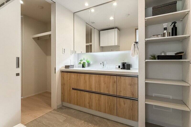 洗面脱衣室側から、WTCの扉を開けたところ。ホテルステイのような体験ができそうですね。横幅の広い洗面化粧台の対面に洗濯機置き場があり、可動式の収納ニッチも設けられています。