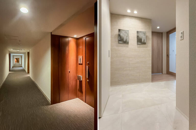 <b>左・</b>エレベーターを2階で降り、カーペット敷きの内廊下を進みます。玄関まわりには艶やかな木材が使用され、さながらクラシックホテルのよう。/<b>右・</b>大理石調の大判タイルが敷かれた広い玄関ホール。明確に靴を脱ぐ場所が区分されていないため、マットなどを使うとよいかもしれません。