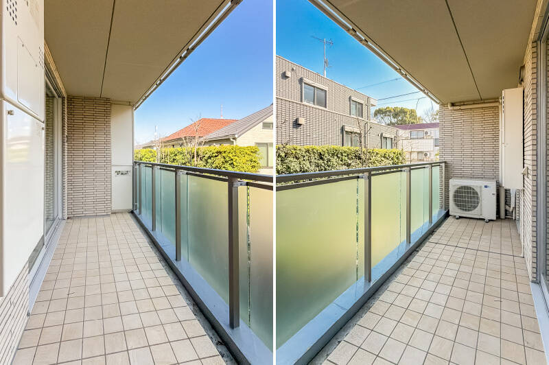 外壁と同系色のタイル床で清潔感がありますね。なお、バルコニーは後ほどご紹介する洋室Bの前まで続いています。