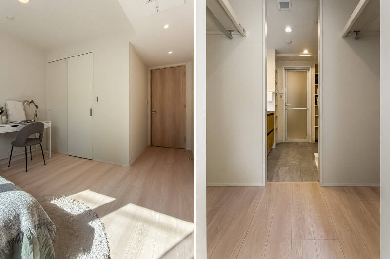 収納を確認しようと引き戸を開けると、洗面脱衣室へ続くウォークスルークローゼット(WTC)になっていました。