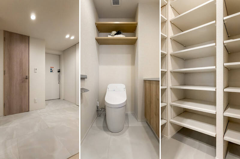 木製ドアの中がトイレ。手洗いカウンター付きです。SICはL字に可動棚が設置され、棚板を外せば背の高いものも収納できそうです。