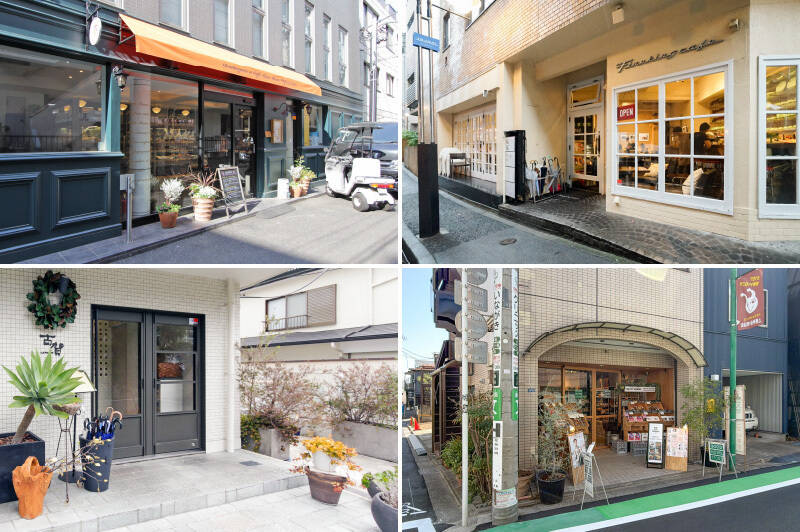 <b>左上・</b>ベーカリー「Boulangerie et Cafe Main Mano(マンマーノ)」。パリ16区をイメージした店構えで、都内のホテルに卸すほどの実力店です。(徒歩12分)/<b>右上・</b>店内がギャラリースペースも兼ねている「Fireking Cafe」。深夜2時までオープンしているので、時には夜更かししに行くのもいいですね。(徒歩10分)/<b>左下・</b>ミシュランガイドで3年連続セレクテッドレストランに選出されている、フレンチの名店「ラ・ファソン古賀」。ソース作りに定評があります。(徒歩10分)/<b>右下・</b>上原仲通り商店街沿いにある生活編集商店「GOOD NEWS STORE」。食品や生活雑貨、本などを幅広く取り揃えています。(徒歩5分)