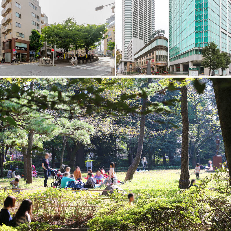 <p><b>左上・</b>ご紹介する物件から徒歩9分前後で到着できる駅がふたつ。北には「麻布十番」。老舗と最先端のお店が融合し、個性的な街並みを形成しています。／<b>右上・</b>南には「白金高輪」。駅直結の商業施設「白金アエルシティ」にはスーパーやドラッグストアのほか、レストランも集まっています。／<b>下・</b>西には「広尾」駅（徒歩18分）。「有栖川宮記念公園」は世界各国の多様なファミリーで賑わっています（徒歩12分）。</p>