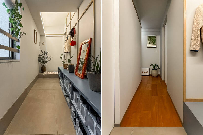 <b>左・</b>玄関ドアを開けるといきなり左手に窓。タイル敷きの長い土間が奥まで続き、壁際にはロータイプのオープンシューズボックスが。壁面には化粧梁や柱が施され、ハンガーを引っ掛けられるようになっています。／<b>右・</b>後ほどご紹介する洋室やウォークインクローゼット（WIC）、水まわりを通過し、廊下をジグザグと進みます。