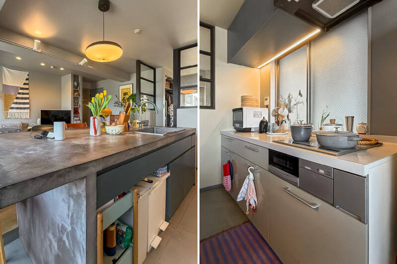 <b>左・</b>シンク下には引き出しや扉付き収納がたっぷり。一部ゴミ箱が置けるよう空洞になっています。／<b>右・</b>IHコンロは壁際に。こちらも上下にたっぷりと収納が用意されています。