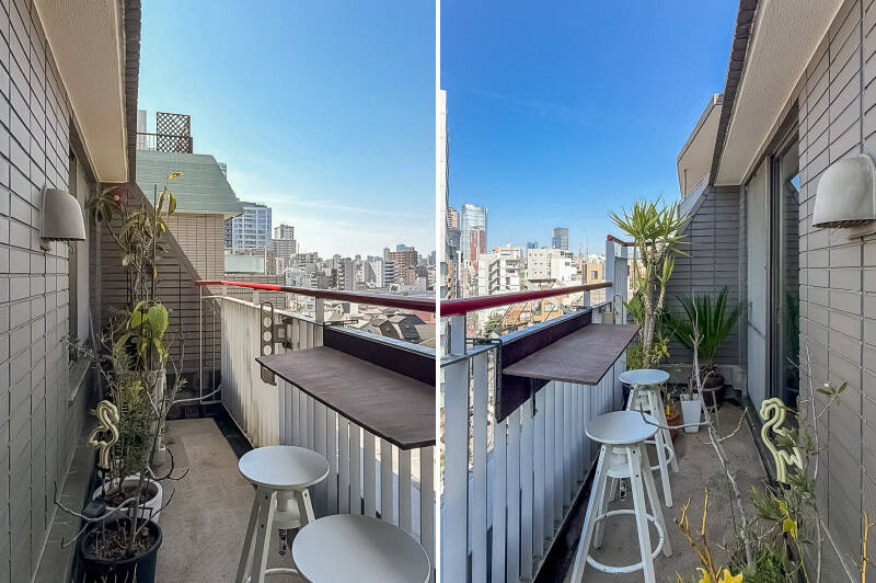 手すり下に用意されている小さなカウンターとスツールが、売主さまがいかにこの景色を楽しんでいるかを物語っていますね。