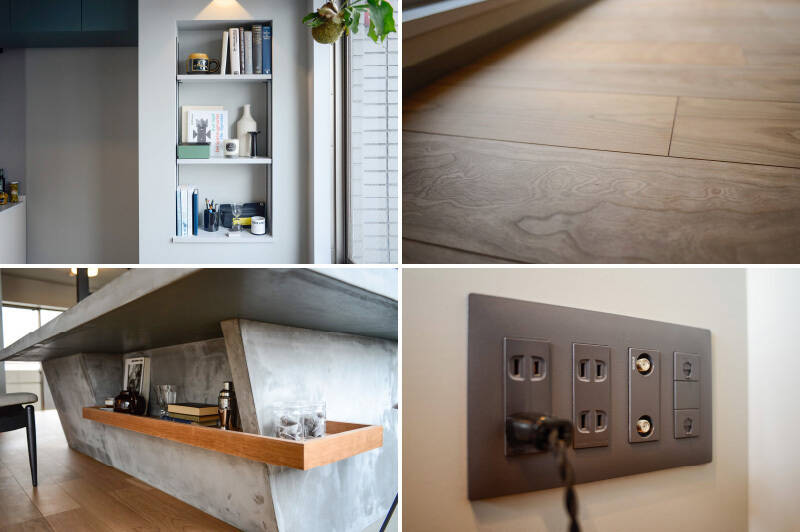 <b>左上・</b>キッチン横にある収納ニッチ。こちらも可動式です。ぜひお気に入りのもので彩ってくださいね。／<b>右上・</b>フローリングには足触りのいい天然木。／<b>左下・</b>モルタルキッチンの下部にもちょっとした飾り棚が。／<b>右下・</b>コンセントなども抜かりなくグレーで統一。