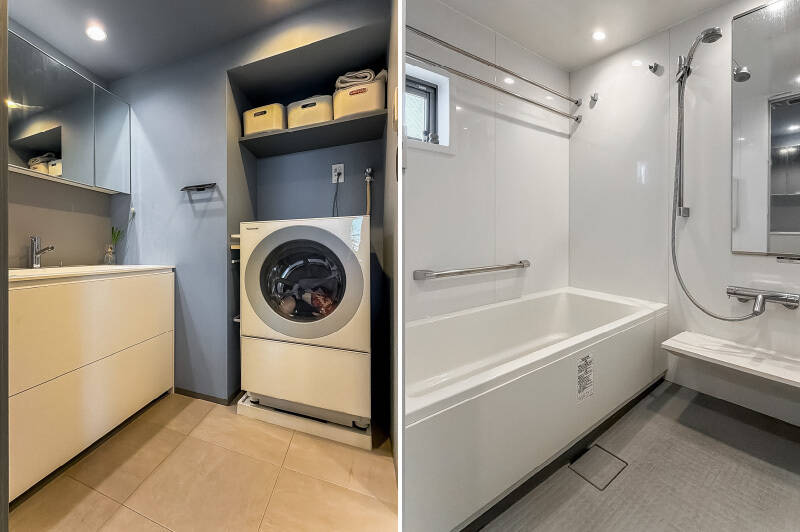 <b>左・</b>洗面台と洗濯機置き場は同じ脱衣室内にまとまっています。／<b>右・</b>1418サイズのユニットバス。うれしいことに、換気用の小窓が付いています。浴室暖房、乾燥機能付き。