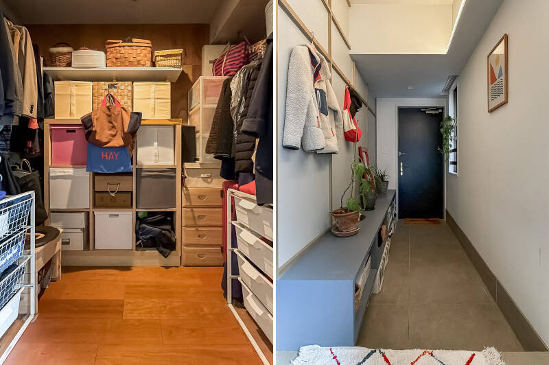 <b>左・</b>廊下沿いには大容量のWIC。左右正面とたっぷりものをしまえます。／<b>右・</b>玄関土間は途中から天高が上がり、天井面を照らす間接照明が付いています。