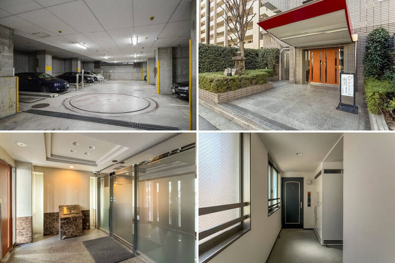 <b>左上・</b>シャッター付きの地下駐車場。残念ながら2026年3月現在空きはありません。空き区画が発生次第、都度抽選になるそうなので、ご使用を希望される方はウェイティングリストへご登録くださいね。／<b>右上・</b>エントランス。植栽の中に灯籠が置かれるなど、美しく整えられています。／<b>左下・</b>オートロック付き。写っていませんが、宅配ボックスも備わっています。／<b>右下・</b>エレベーターに乗って住戸が所在する8階まで。内廊下で、玄関ドアの前にはアルコーブが設けられています。