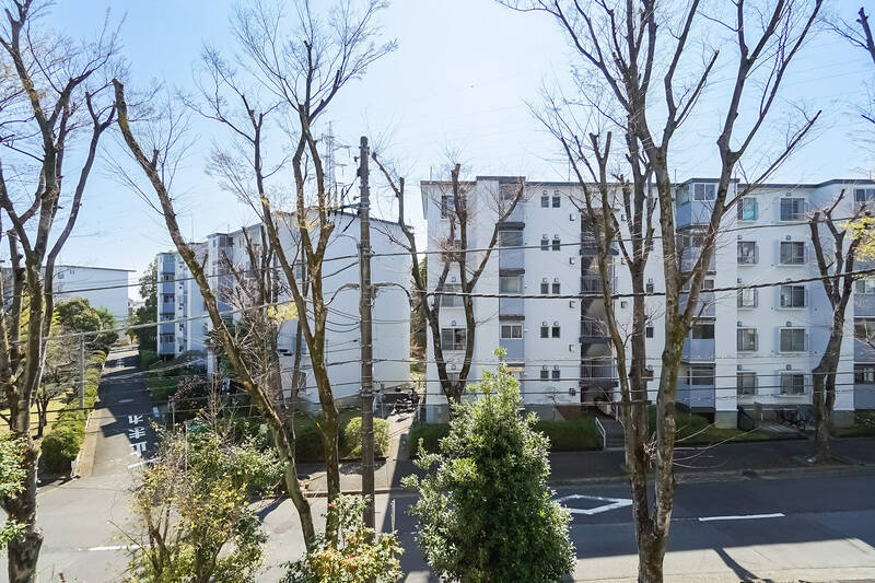 こちらは3階の住戸です。お向かいにはマンションの別棟があり、その間には街路樹で縁取られた2車線の道路が延びています。夏にはちょうど目の前が緑で覆われそう!