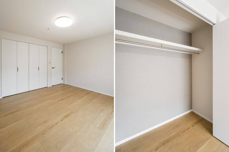 窓の反対側には、奥行きの深いクローゼットが備わっています。衣装ケースなどをうまく活用すれば、おふたり分の衣類を収納することができそうです。