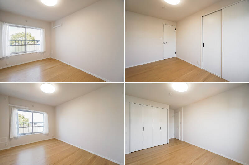 LDKの廊下を挟んだ反対側には、約5帖の洋室B(写真上)と約6.7帖の洋室C(写真下)が並んでいます。いずれも頼もしいサイズの収納を備えており、北向きの窓からは敷地内の駐車場を見下ろします。