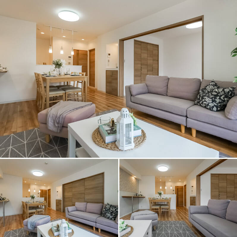 <b>上・</b>LDKと洋室Aとの間は引き戸のため、可変性をもって利用できます。／<b>左下・</b>引き戸を閉めた様子。／<b>右下・</b>洗面室と洋室Aの引き戸との間には、リビング収納があります。上部は台となっているため、家族写真や季節のお花を飾る空間にぴったり！