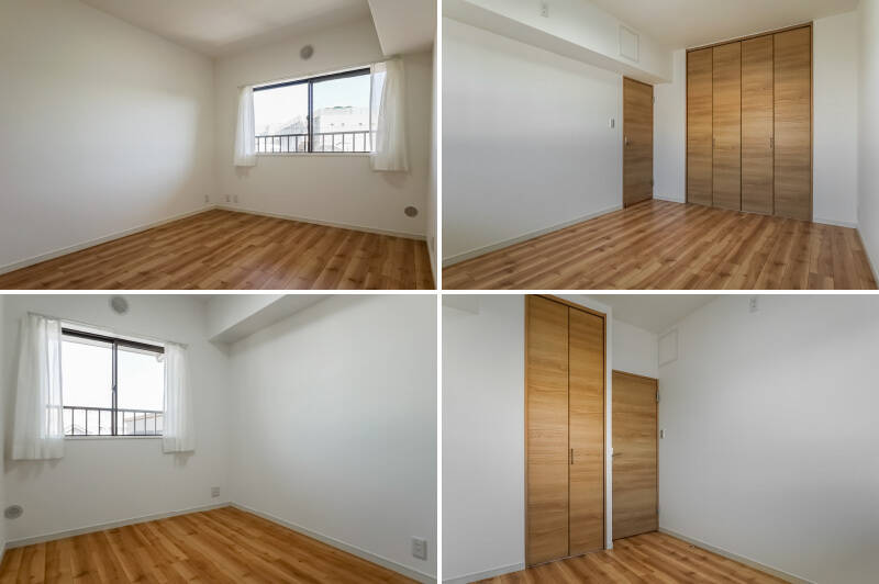 <b>上・</b>約6.6帖の洋室B。最も広いので主寝室におすすめです。／<b>下・</b>約4.2帖の洋室C。どちらの居室にもクローゼットが付いています。