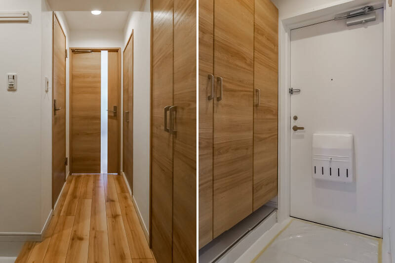 <b>左・</b>右手奥は洗濯機置き場、右手前は廊下収納です。／<b>右・</b>トールタイプの下足入れ。